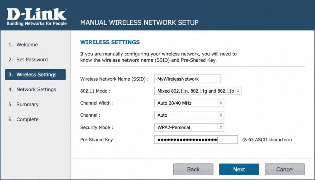 D-Link manual wireless network setup screen with pre shared key field