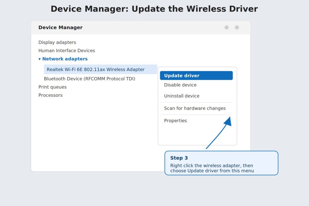 Device Manager network adapters menu with update driver option highlighted