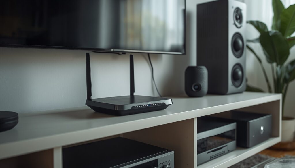 Proper positioning of a wireless router near an entertainment unit to avoid network cross-interference.