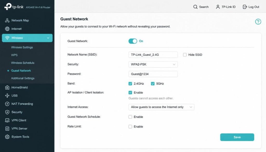 Router dashboard showing Guest Network enabled with Access Control and Client Isolation toggled on