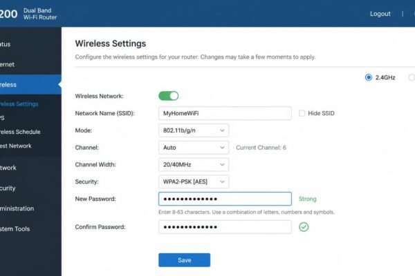 Router admin panel wireless settings screen showing new password field