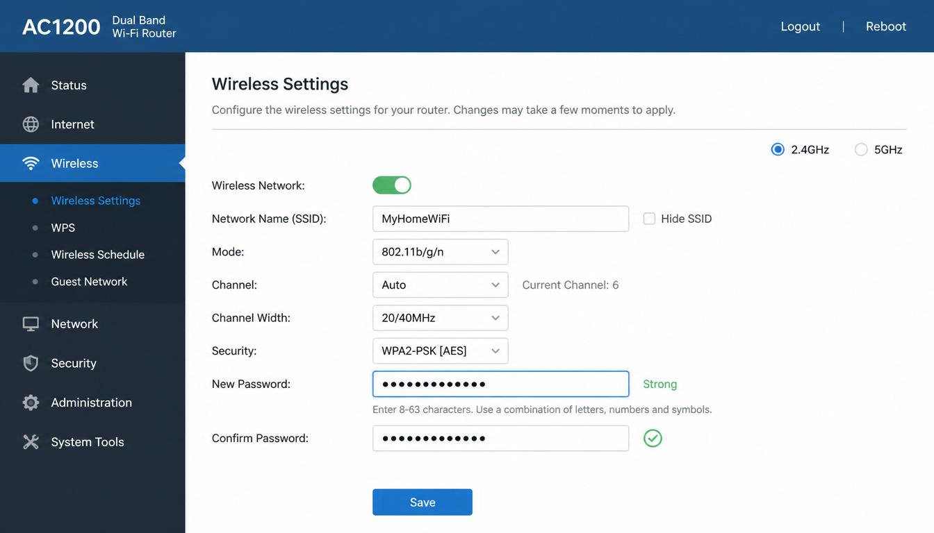 Router admin panel wireless settings screen showing new password field