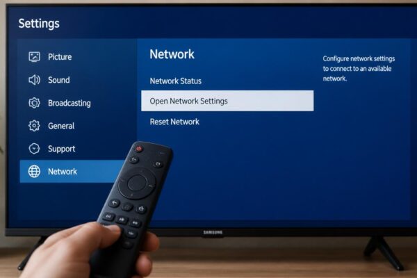 Step-by-step menu on a Samsung smart TV for how to connect TV to WiFi using the remote control