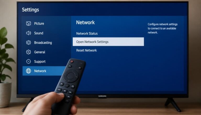Step-by-step menu on a Samsung smart TV for how to connect TV to WiFi using the remote control