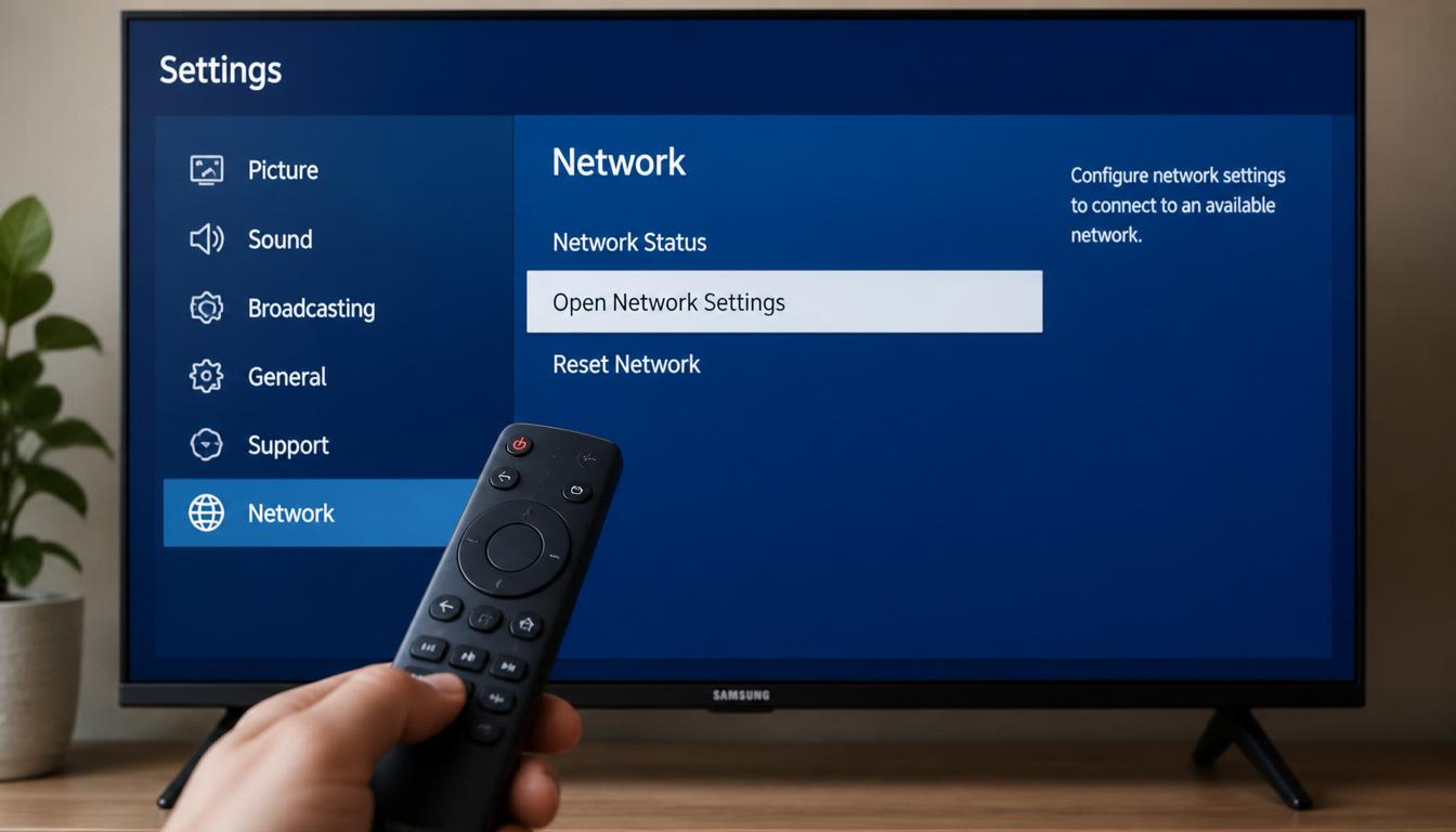 Step-by-step menu on a Samsung smart TV for how to connect TV to WiFi using the remote control