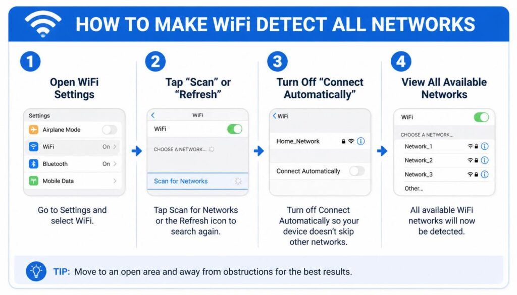 Quick answer box graphic showing how to make WiFi detect all networks in four steps
