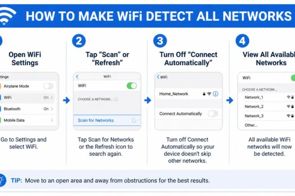 Quick answer box graphic showing how to make WiFi detect all networks in four steps