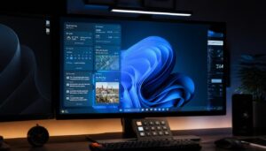 A professional dual-monitor setup showing a Windows 11 application window opening off screen.