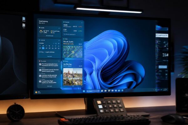 A professional dual-monitor setup showing a Windows 11 application window opening off screen.