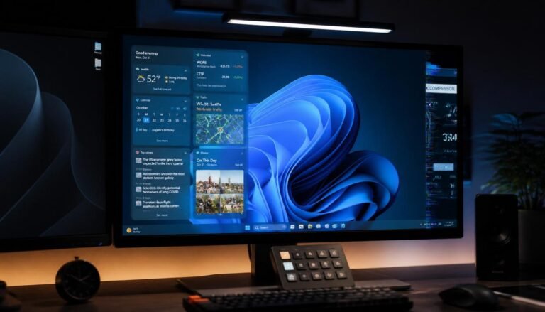 A professional dual-monitor setup showing a Windows 11 application window opening off screen.
