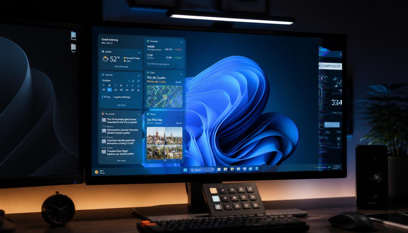 A professional dual-monitor setup showing a Windows 11 application window opening off screen.