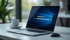 Laptop screen showing a Windows Update in progress bar with a stop and settings icon overlay, representing how to stop Windows Update