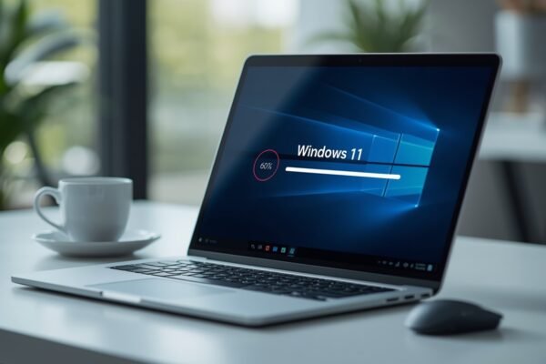 Laptop screen showing a Windows Update in progress bar with a stop and settings icon overlay, representing how to stop Windows Update