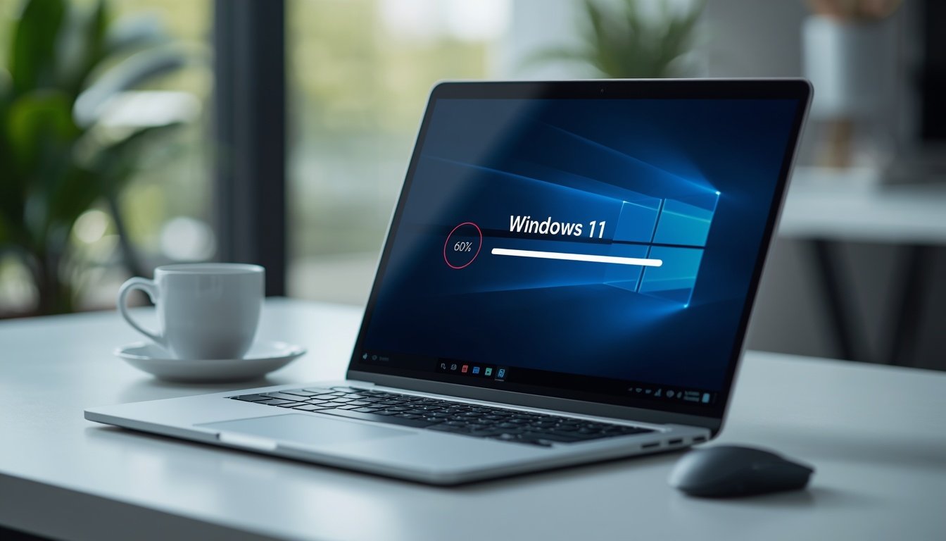 Laptop screen showing a Windows Update in progress bar with a stop and settings icon overlay, representing how to stop Windows Update
