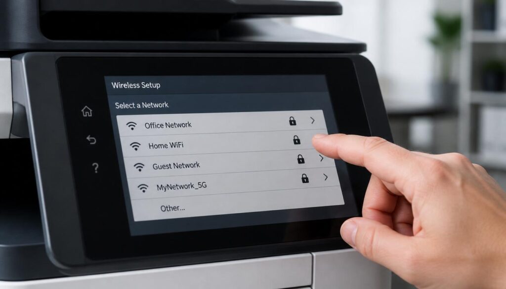 How to Connect Printer to WiFi
HP printer touchscreen showing wireless network setup menu