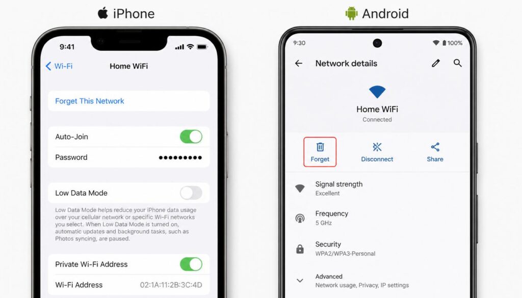iPhone and Android WiFi settings screen showing forget network option to fix WiFi network not showing up