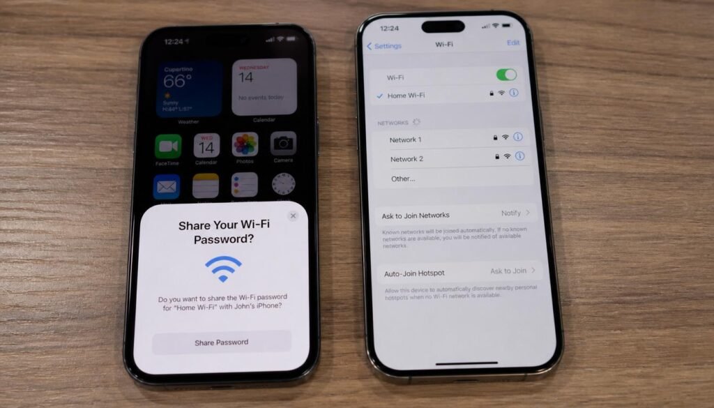 How to Share WiFi Password
iPhone screen displaying the native share wifi password popup near another iOS device