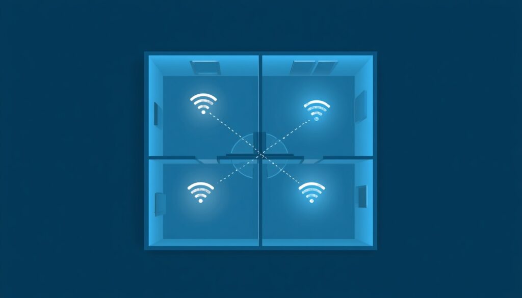 Mesh WiFi nodes placed around a home to eliminate weak WiFi signal dead zones