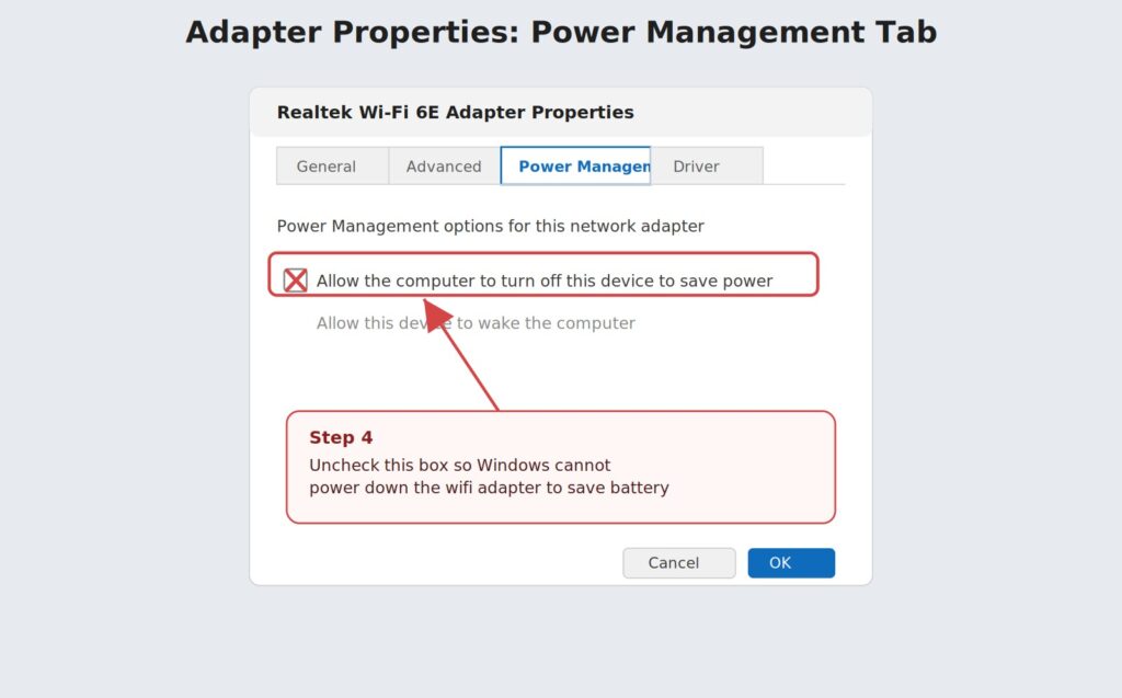 Wifi adapter power management tab with save power checkbox highlighted to uncheck