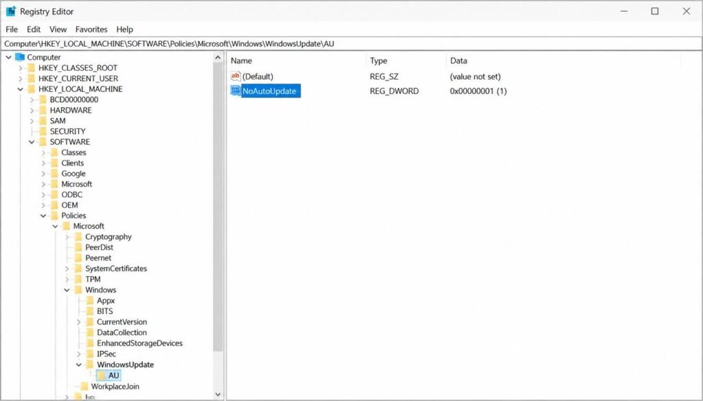 Registry Editor showing the NoAutoUpdate DWORD value