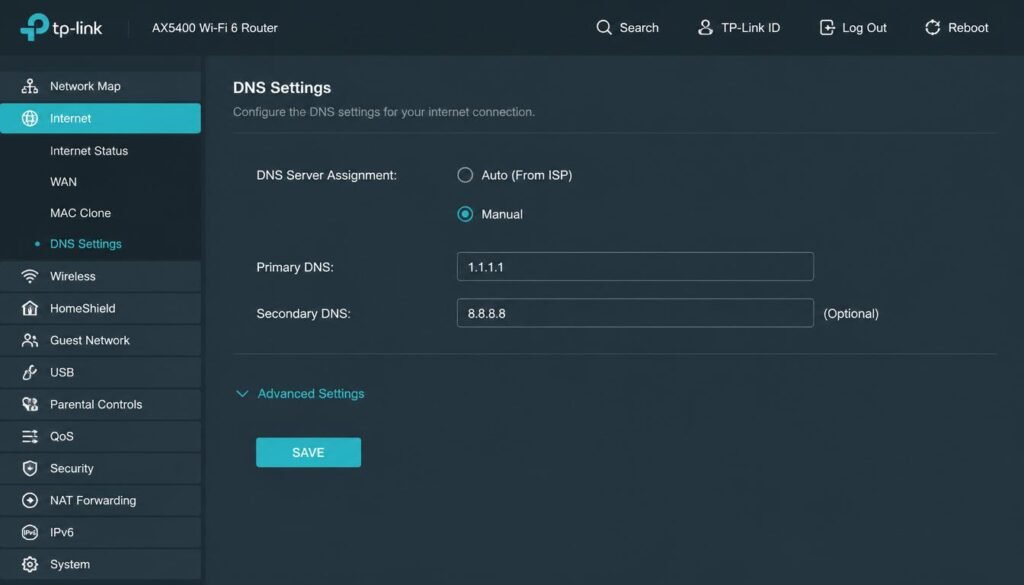 Router WAN settings page showing Primary DNS set to 1.1.1.1 and Secondary DNS set to 8.8.8.8