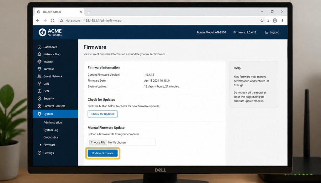 Router admin panel firmware update screen to fix weak WiFi signal issues
