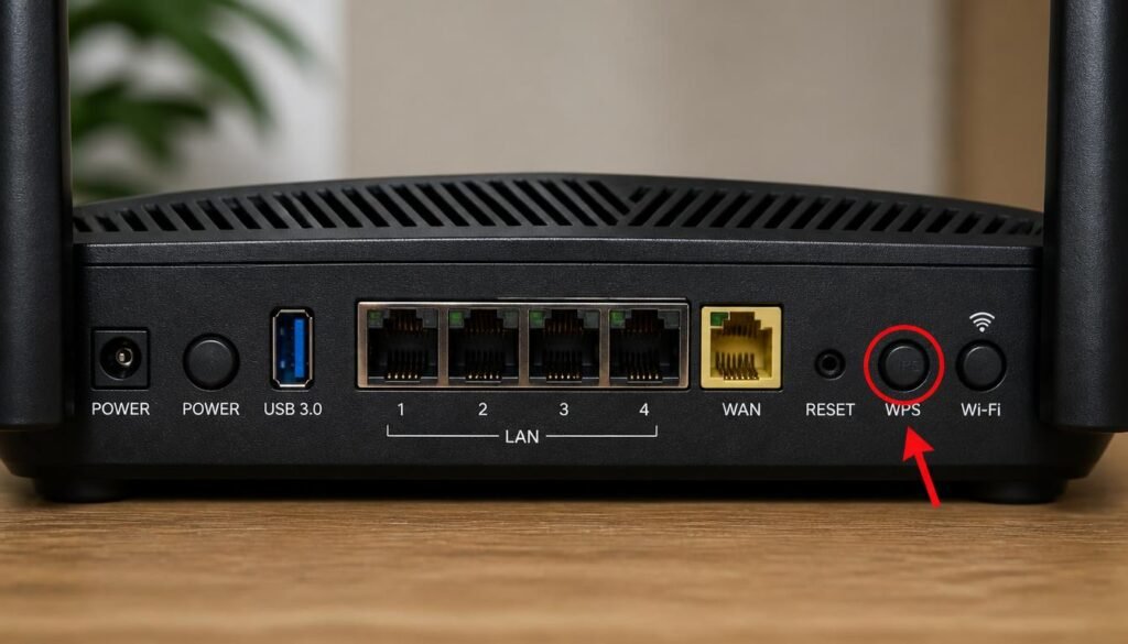 Back panel of a modern home router pointing to the physical WPS button