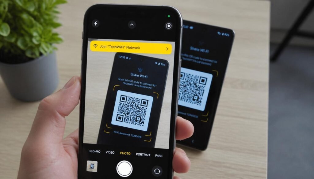 Scanning a Wi-Fi QR code from one smartphone camera to another for instant connection