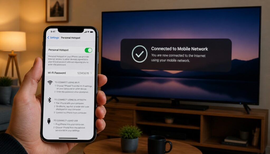 Enabling mobile hotspot on a smartphone to screen mirror to a smart TV without a home WiFi router