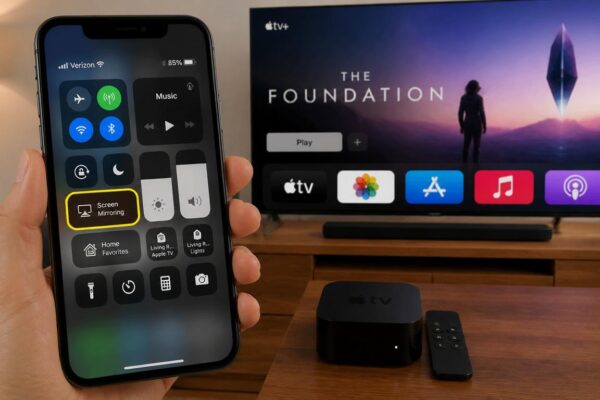 iPhone screen mirroring to Apple TV using peer to peer Bluetooth discovery without WiFi connection.