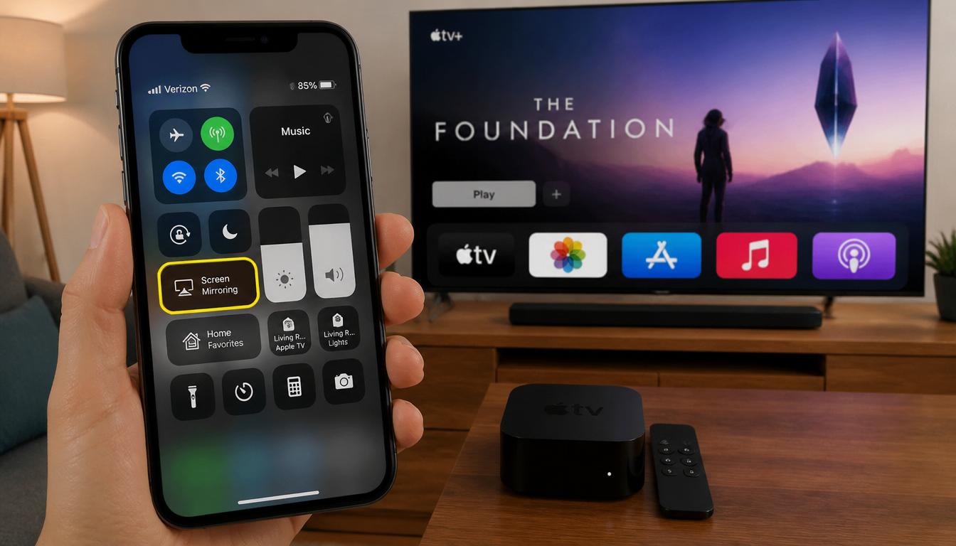 iPhone screen mirroring to Apple TV using peer to peer Bluetooth discovery without WiFi connection.