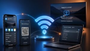 A high-quality educational infographic showing methods to share wifi password across iPhone Android and laptop