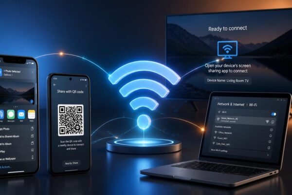 A high-quality educational infographic showing methods to share wifi password across iPhone Android and laptop