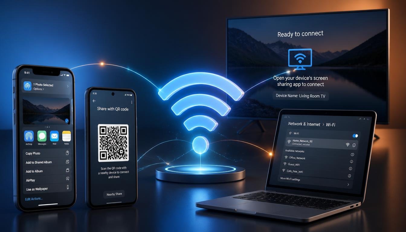 A high-quality educational infographic showing methods to share wifi password across iPhone Android and laptop
