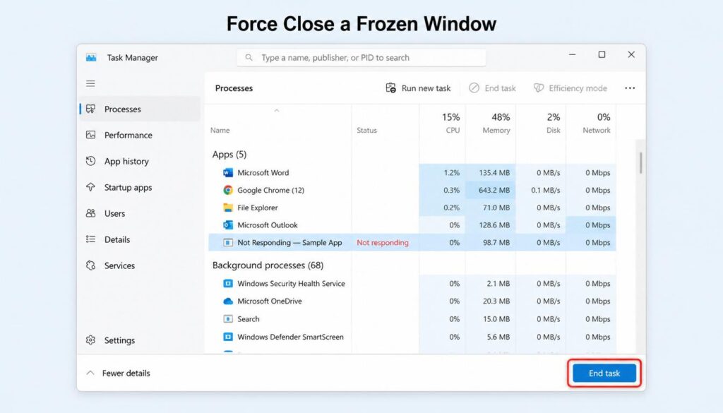 Shortcut Key to Close Window
Task Manager showing a Not Responding application selected with the End Task button highlighted