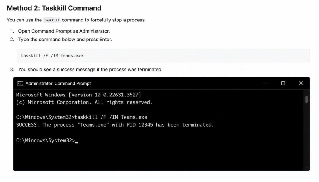 Command Prompt window running the taskkill force command to close an unresponsive program
