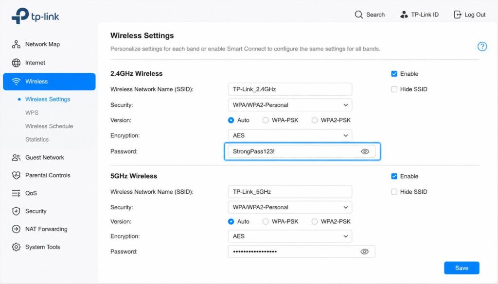 How To Change WiFi Password on Router
TP-Link router wireless settings page with password field highlighted