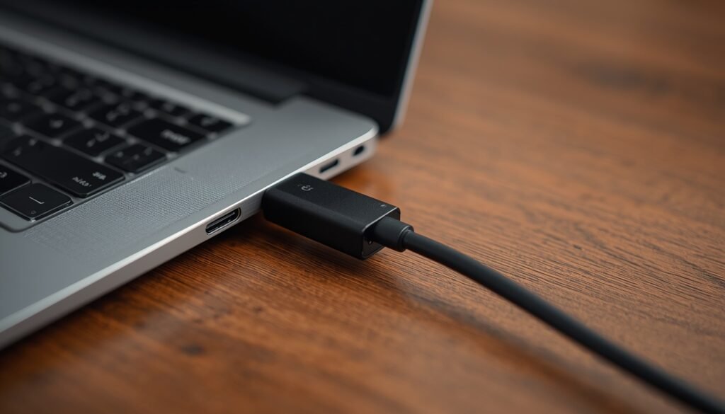 Connecting a modern slim laptop to a projector cable using a USB-C to HDMI adapter