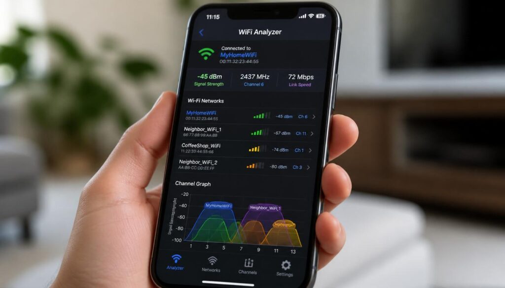 Smartphone WiFi analyzer app showing channel congestion for fixing weak WiFi signal