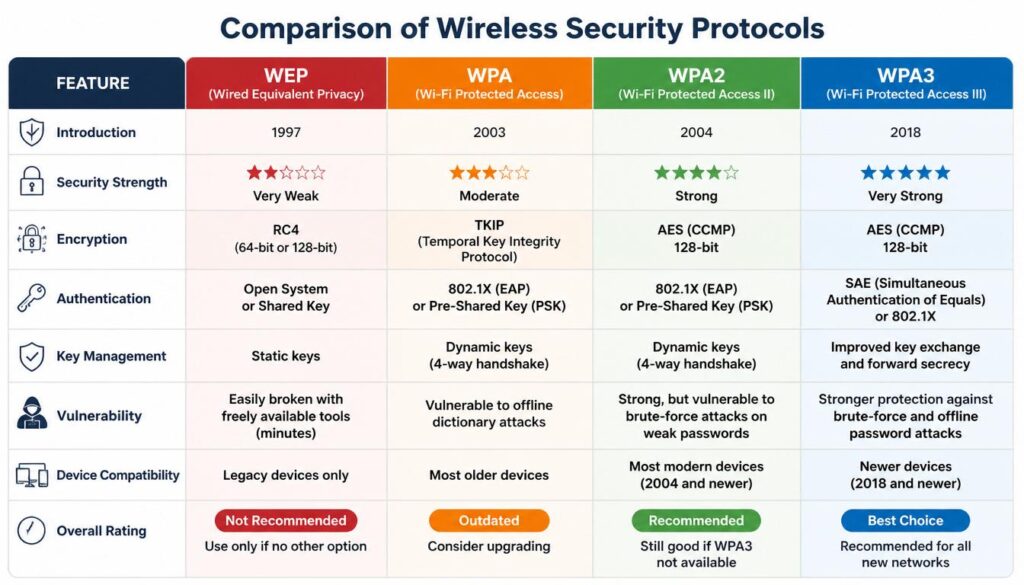 Comparison chart of WEP, WPA, WPA2, and WPA3 wireless security protocols