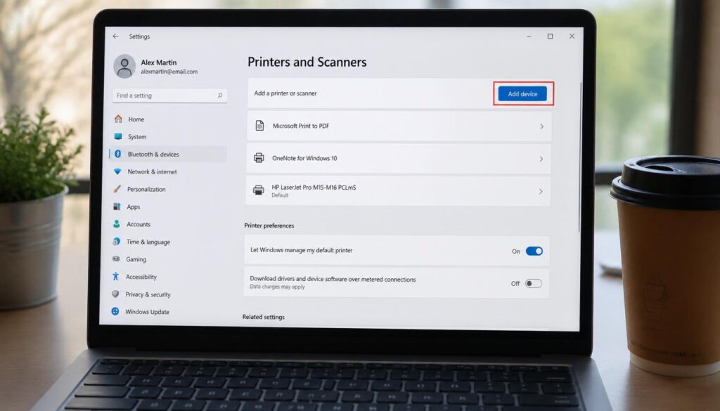 Windows 11 Printers and Scanners settings page with Add Device option