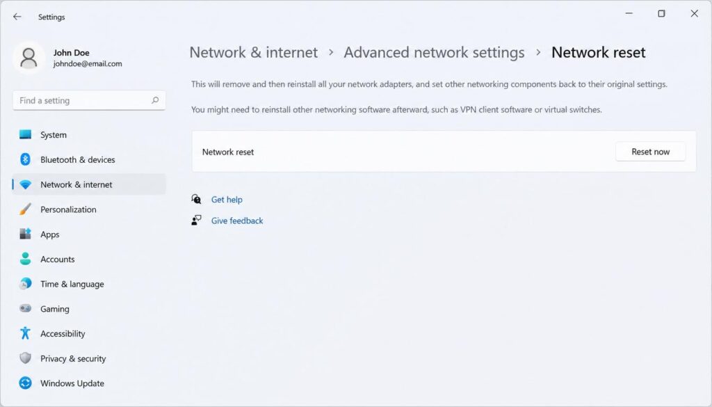 Windows 11 Network reset screen used to fix WiFi not detecting all networks