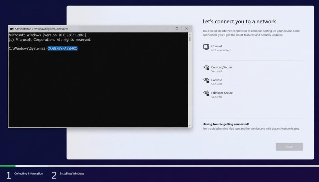 Windows 11 setup Command Prompt using OOBE BYPASSNRO command