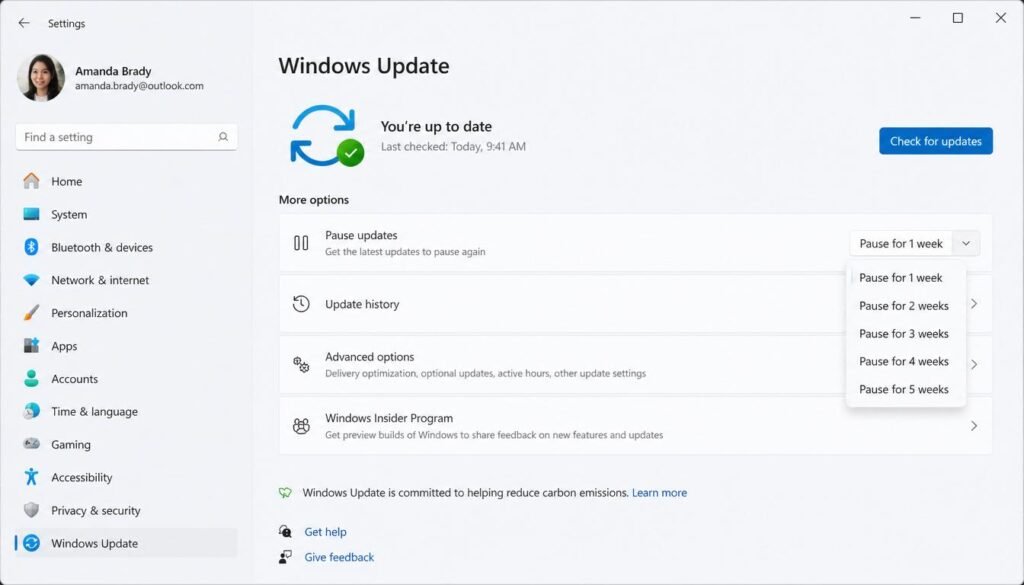 Windows 11 Settings page showing the Pause updates option