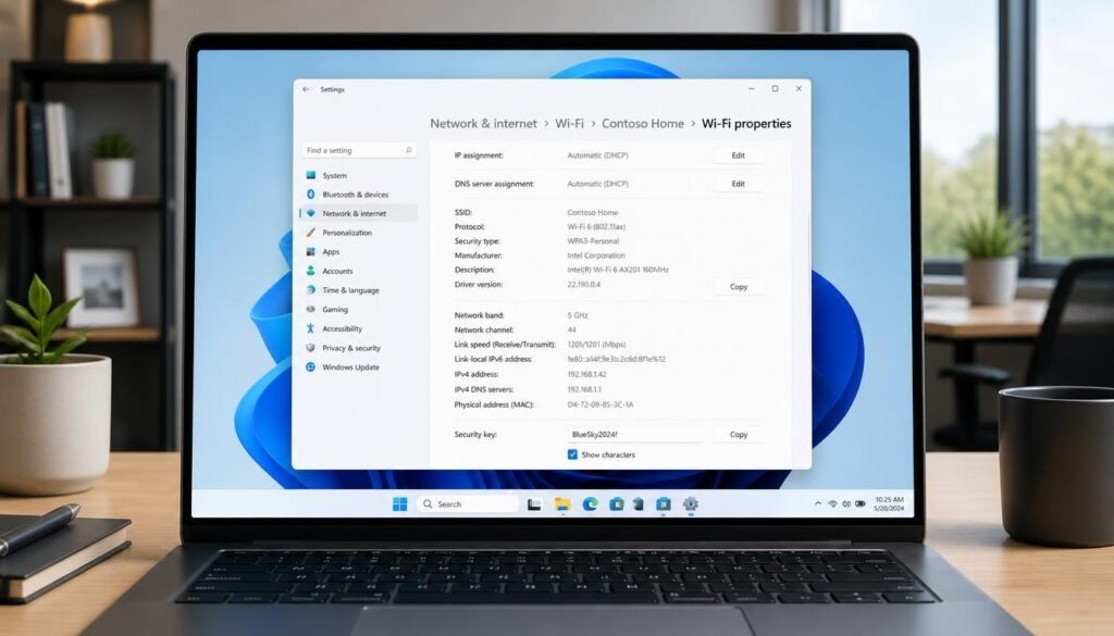 Windows 11 Wi-Fi settings screen showing the network security key revealed in plaintext