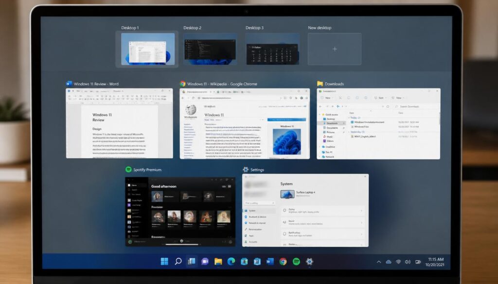 Windows 11 Task View showing multiple virtual desktops open