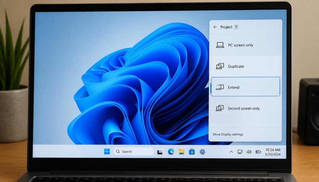 Windows 11 display settings panel showing duplicate and extend screen project options