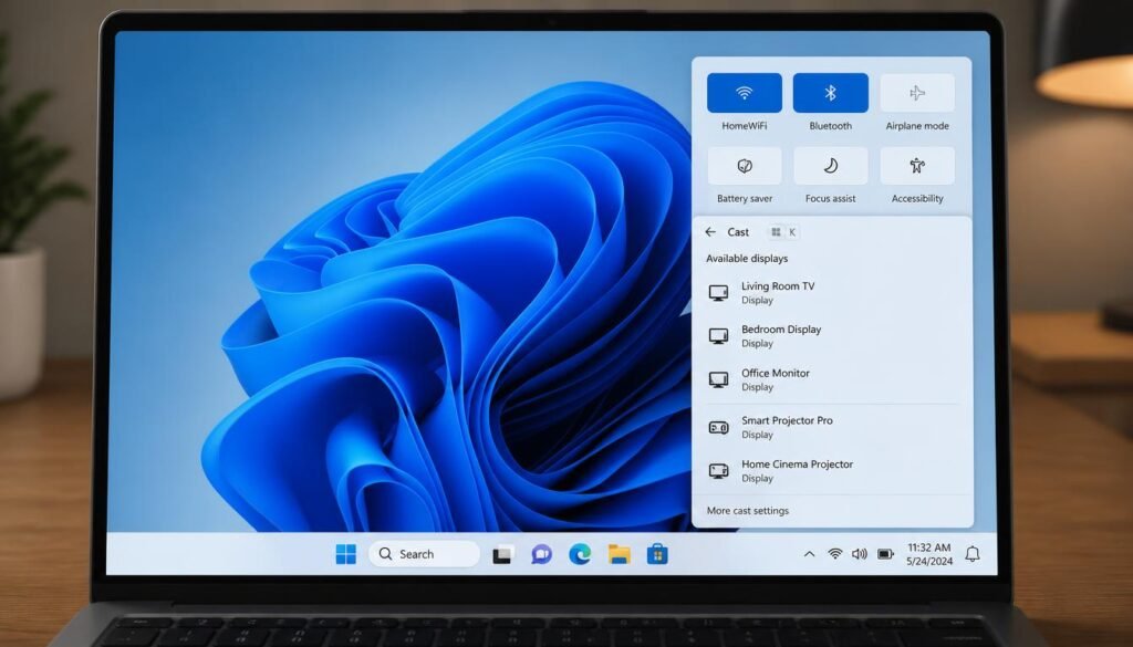 Windows Cast sidebar displaying available wireless projectors and receivers