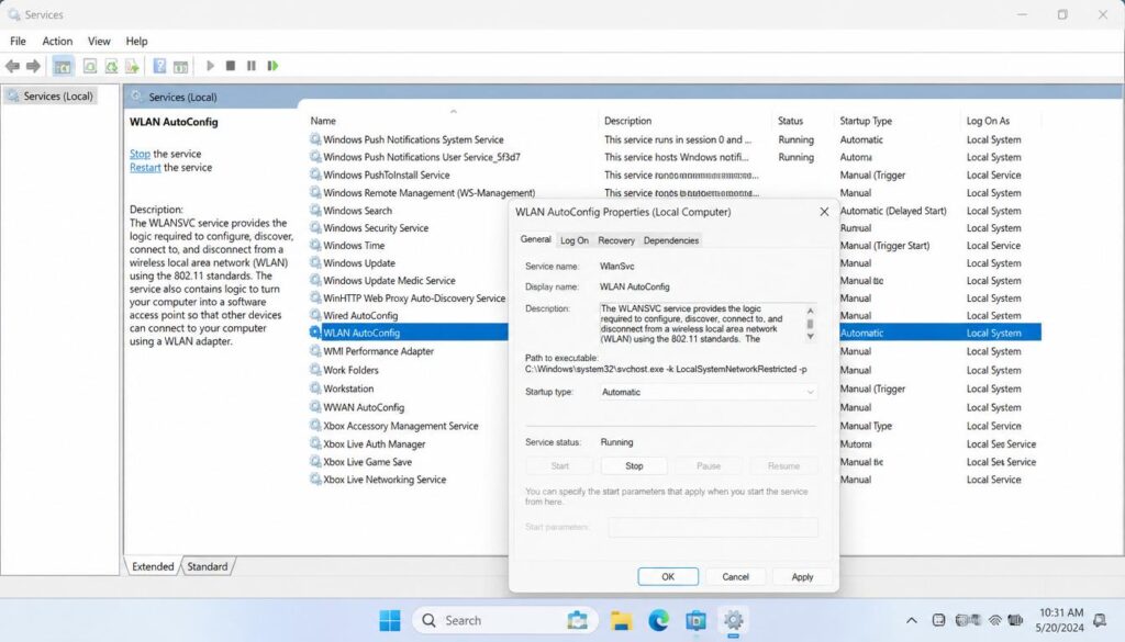 WLAN AutoConfig service enabled in Windows 11 Services