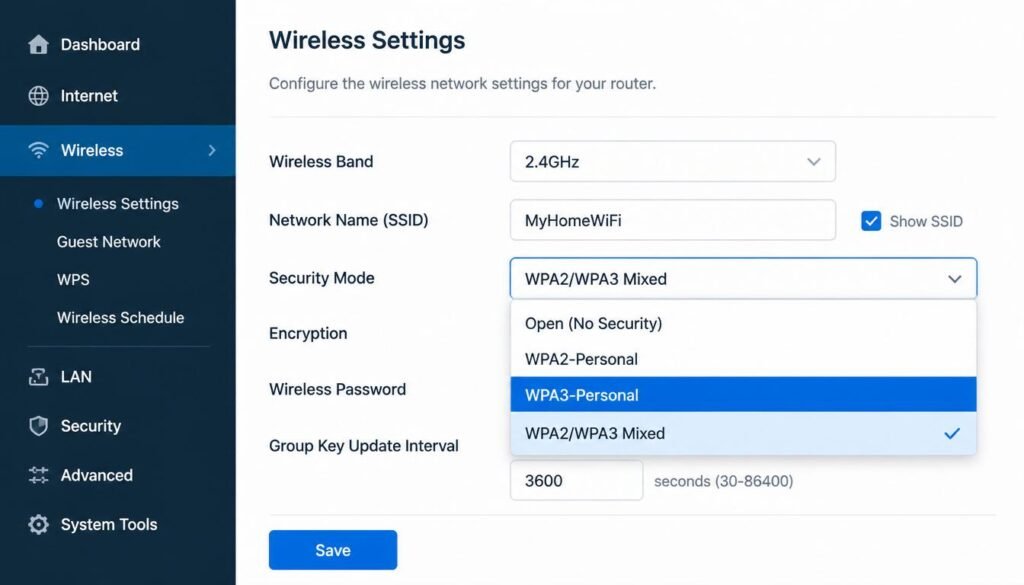 How to Secure Home WiFi
Router wireless security dropdown menu with WPA3 Personal and WPA2 WPA3 Transition mode highlighted